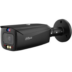 Eine schwarze Überwachungskamera von Dahua Technology mit LED-Leuchten und einem roten und blauen Lichtsensor, montiert an einer Wandhalterung.
