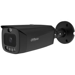 Schwarze Überwachungskamera von Dahua Technology mit integriertem Schutzgehäuse und Wandmontagehalterung.