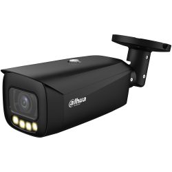 Schwarze Überwachungskamera von Dahua Technology mit vier leuchtenden LEDs und Befestigungshalterung, seitlicher Branding-Aufdruck sichtbar.
