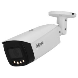 Weiße Überwachungskamera von Dahua mit schwarzem Objektivgehäuse, an der Wandhalterung befestigt und mit einer integrierten LED-Beleuchtung.
