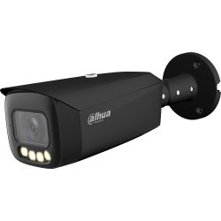 Schwarze Überwachungskamera von Dahua Technology, montiert auf einer Wandhalterung, mit einem rechteckigen Gehäuse und vier integrierten LED-Leuchten.