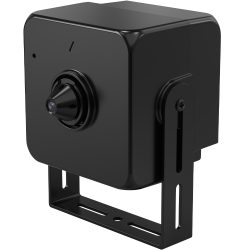 Schwarze Überwachungskamera mit eckigem Design und Halterung zur Befestigung.