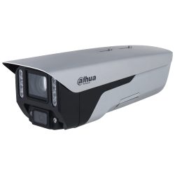 Eine silberne Überwachungskamera von Dahua Technology mit zwei Linsen und mehreren LED-Lichtern auf der Vorderseite, in einem robusten Gehäuse für den Außeneinsatz.
