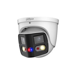Weißer Dome-Überwachungskamera mit mehreren Objektiven und LED-Leuchten auf der Vorderseite.
