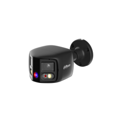 Eine CCTV-Überwachungskamera von Dahua in einem schwarzen Gehäuse, montiert an einer Wandhalterung mit einem erkennbaren Sensor und LED-Lichtern auf der Vorderseite.