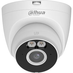 Weiß-graue Überwachungskamera von Dahua Technology mit einem großen mittleren Objektiv und zwei umgebenden LED-Leuchten.