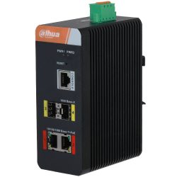 Ein industrieller Netzwerk-Switch von Dahua Technology mit mehreren Ethernet-Ports und einem grünen Steckeranschluss oben.