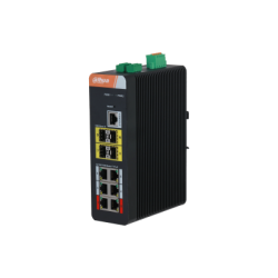 Schwarzer industrieller Netzwerk-Switch mit mehreren Ethernet-Ports und einem grünen Anschlussblock oben.