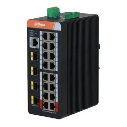 Ein industrieller Ethernet-Switch von Dahua mit 16 Ports und mehreren farbigen Anschlüssen auf der Vorderseite, geeignet für 10/100/1000 Base-T PoE und 1000 Base-X Verbindungen.
