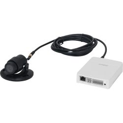 Eine kleine schwarze Überwachungskamera mit einem langen Kabel, das an ein weißes Steuergerät angeschlossen ist, das über verschiedene Anschlüsse verfügt.