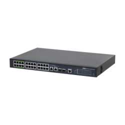 Netzwerkswitch mit mehreren Ethernet-Ports auf der Vorderseite, schwarzes Gehäuse.