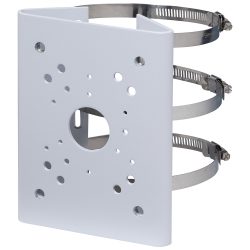 Weiße Metallhalterung mit mehreren Bohrungen und zwei angebrachten Edelstahlschellen, vermutlich für die Montage an einem Mast geeignet.