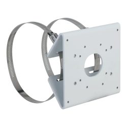 Weiße Metallhalterung mit runder Aussparung, ausgestattet mit zwei Metallbändern zur Befestigung an zylindrischen Objekten.