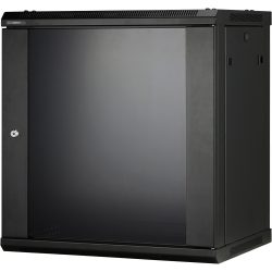 Schwarzer Netzwerkschrank mit Glastür und Schloss, geeignet zur Wandmontage, mit Belüftungsöffnungen oben und unten für Luftzirkulation.