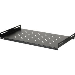 Schwarzes Regalbrett mit Lüftungsschlitzen und seitlichen Montagewinkeln, ideal zur Befestigung in einem Serverschrank oder Rack.