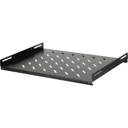 Schwarzes, belüftetes Rack-Montage-Brett mit seitlichen Befestigungslöchern, geeignet für IT- oder AV-Komponenten in einem Server- oder Medien-Rack.