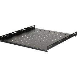 Ein schwarzes, perforiertes Rack-Montagefach aus Metall mit seitlichen Lüftungsschlitzen.