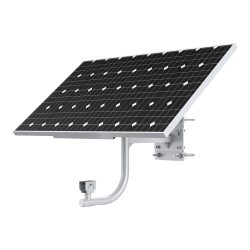 Eine Solarzelle auf einer schrägen Halterung mit einem befestigten Sensor an der Unterseite, vor einem weißen Hintergrund.