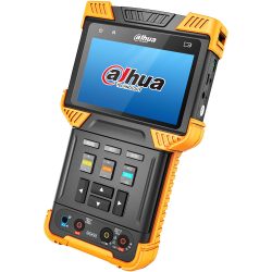 Ein tragbares handgehaltenes Multifunktionsprüfgerät von Dahua mit einem Bildschirm und mehreren Tasten, umgeben von einem robusten orangefarbenen Gummigehäuse.