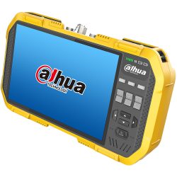 Ein gelbes tragbares Testgerät von Dahua Technology mit einem großen Bildschirm und seitlichen Tasten, das dem Test und der Überprüfung von Videoüberwachungssystemen dient.