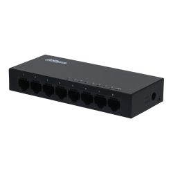 Ein schwarzer Ethernet-Switch mit acht LAN-Anschlüssen, wobei jeder Anschluss nummeriert ist.
