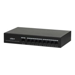 Ein schwarzer 9-Port Fast Ethernet Switch von Dahua mit 8 PoE-Ports und einem uplink-Port, auf einer weißen Oberfläche platziert.
