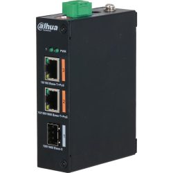 Ein industrieller Ethernet-Switch von Dahua Technology mit mehreren Ports, darunter zwei 10/100 Base-T PoE-Ports und einem 10/100/1000 Base-T PoE-Port sowie einem 100/1000 Base-X-Port. Das Gerät hat ein schwarzes Gehäuse mit einem grünen Anschlussblock an der Oberseite.