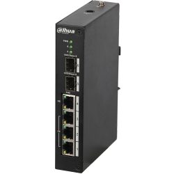 Ein schwarzer PoE-Netzwerk-Switch von Dahua mit mehreren Ethernet-Anschlüssen und zwei 1000Base-X-Ports, sowie grüne LED-Anzeigen für den Status.