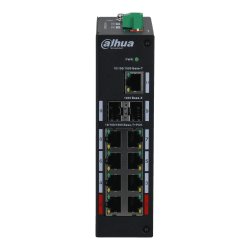 Ein schwarzer Netzwerk-Switch von Dahua mit mehreren Ethernet-Ports, darunter 10/100/1000 Base-T und 1000 Base-X-Anschlüsse sowie Power over Ethernet (PoE)-Unterstützung an der Vorderseite.