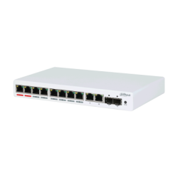Ein weißer Netzwerk-Switch mit neun Ethernet-Ports, darunter ein spezieller Port rechts, und der Markenname „Dahua“ auf der Vorderseite.
