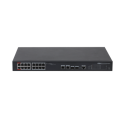 Ein schwarzer Netzwerk-Switch mit mehreren Ethernet-Ports auf der Vorderseite.