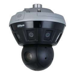Eine Überwachungskamera von Dahua Technology mit einem kugelförmigen Objektiv an der Unterseite und mehreren kleineren Linsen an der Seite.