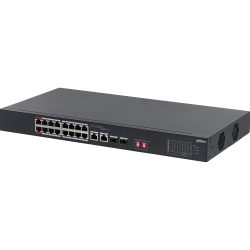 Ein schwarzer Ethernet-Switch mit mehreren Netzwerkanschlüssen, Lüftungsschlitzen und einem Bedienfeld. Es handelt sich um ein Produkt von Dahua.