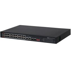 Ein 24-Port PoE-Switch von Dahua, schwarzes Gehäuse mit mehreren Netzwerkanschlüssen und Anzeige-LEDs auf der Vorderseite.