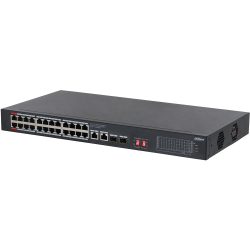 Ein schwarzer Netzwerk-Switch von Dahua mit mehreren Ethernet-Ports, zwei Lüftungsgittern und einem LED-Panel auf der Vorderseite.