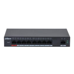 Ein schwarzer Netzwerk-PoE-Switch mit acht Ethernet-Ports für Power over Ethernet (PoE) und einem Uplink-Port, hergestellt von Dahua Technology, auf einem weißen Hintergrund.