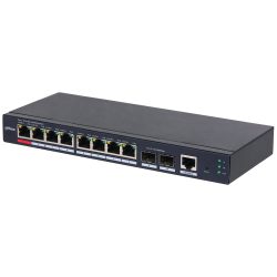 Schwarzer Ethernet-Switch mit acht RJ45-Ports und zwei zusätzlichen Ports, alle mit LED-Anzeigen und PoE-Unterstützung.