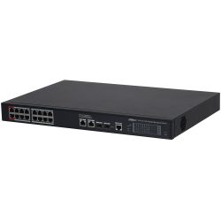 Schwarzer, flacher 16-Port PoE Gigabit Managed Switch auf weißem Hintergrund mit mehreren Netzwerkanschlüssen und LED-Anzeigen auf der Vorderseite.