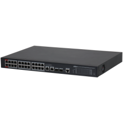 Ein schwarzer Netzwerk-Switch mit mehreren Ethernet-Ports auf der Vorderseite.