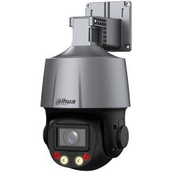 Eine hochmoderne Überwachungskamera von Dahua Technology mit einem schwenkbaren Gehäuse, befestigt an einer Wandhalterung, ausgestaltet in Silber und Schwarz.