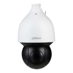 Eine moderne Überwachungskamera von Dahua mit halbkugelförmigem Design, das einen weißen oberen Teil und einen schwarzen unteren Teil umfasst, in dem die Linse sichtbar ist.