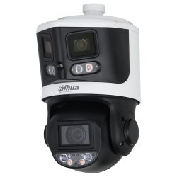 Eine moderne Überwachungskamera der Marke Dahua mit mehreren Linsen und LED-Leuchten, in Schwarz und Weiß gehalten.