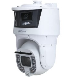 Eine weiße Sicherheitskamera von Dahua Technology mit mehreren Objektiven und integrierten LED-Leuchten.