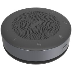 Ein runder Bluetooth-Lautsprecher in Schwarz mit verschiedenen Symbolen auf der Oberseite, darunter Lautstärke, Anrufannahme und Mikrofon-Stummschaltung.