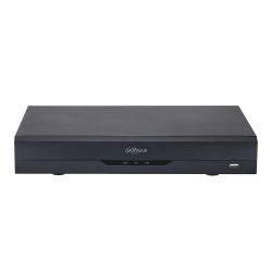 Ein schwarzer NVR von Dahua Technology mit einem flachen, rechteckigen Design, auf dessen Vorderseite Indikatoren und ein USB-Anschluss zu sehen sind.