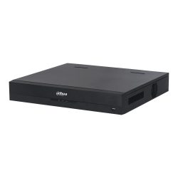 Ein schwarzes Dahua Netzwerk-Videorekorder-Gerät mit einem schlichten, flachen Design, einem kleinen USB-Anschluss vorne und seitlichen Lüftungsschlitzen.