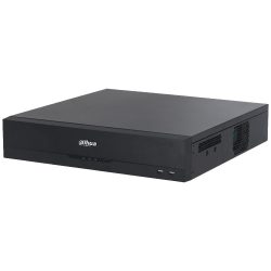 Ein schwarzer NVR (Network Video Recorder) von Dahua mit mehreren Lüftungsschlitzen und Anschlüssen an der Vorderseite.