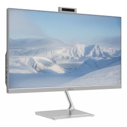Ein eleganter Computermonitor mit einem schlanken silbernen Ständer und einem Landschaftsbild von schneebedeckten Bergen auf dem Bildschirm.
