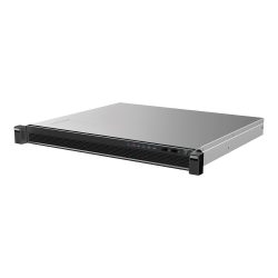 Ein flacher, silberfarbener Rackmount-Server mit mehreren USB-Anschlüssen und Status-LEDs auf der Frontblende, geeignet für die Montage in einem Server-Rack.
