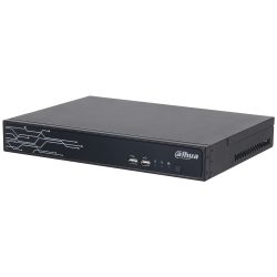 Ein schwarzer Dahua Netzwerkvideorekorder mit dem Firmenlogo auf der Vorderseite, multiple USB-Anschlüsse und ein modernes, schickes Linienmuster links.